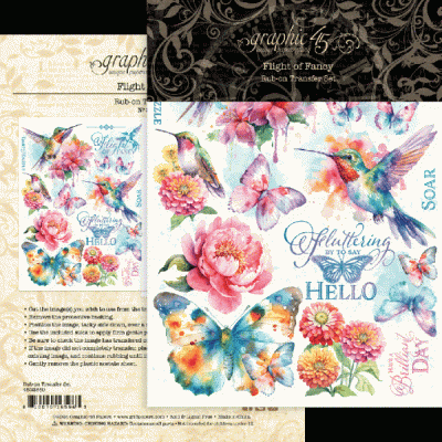 Folha decorativa com beija-flores, borboletas e flores coloridas, texto 'Fluttering BY TO SAY HELLO'