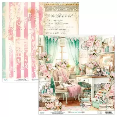 Papel de scrapbooking com design de quarto vintage e padrão listrado rosa e branco