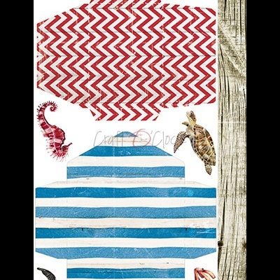 Dois modelos de caixas de papelão com padrões gráficos de ziguezague vermelho e riscas azuis e brancas, sobre fundo de madeira com ilustrações de animais marinhos.