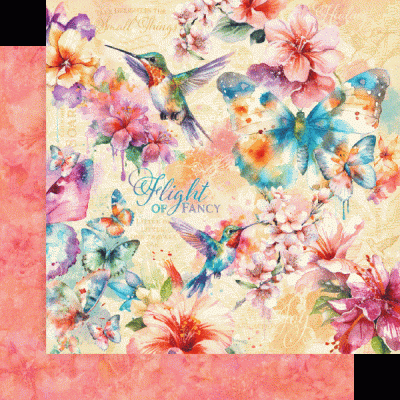Papel decorativo com flores, borboletas, beija-flores e texto Flight of Fancy