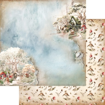 Papel de scrapbook com ilustrações de cogumelos e cenário de floresta fantasia.