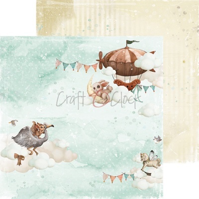 Papel decorativo com animais fantásticos e balão de ar quente em fundo azul e bege