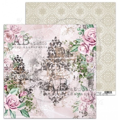 Papel decorativo com padrão floral rosa e bege, texto MB studio shop scrapfunilo.