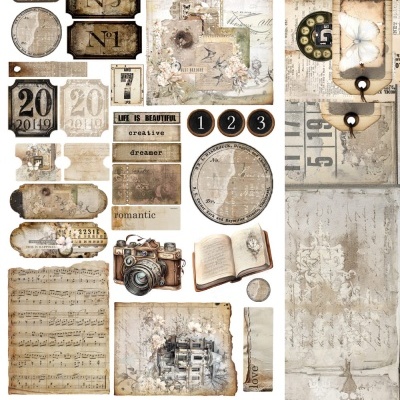 Etiquetas e elementos vintage decorativos em tons bege e sépia com texto e imagens clássicas