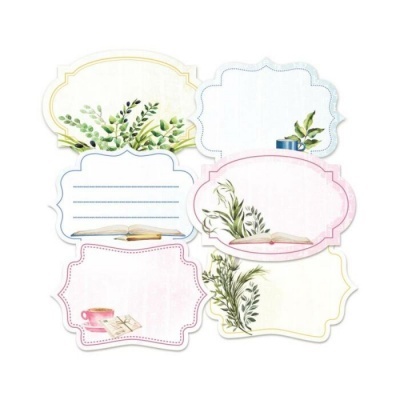 Etiquetas decorativas com motivos de plantas, livros e chá