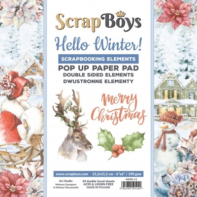 Bloco de papel scrapbooking ScrapBoys Hello Winter! com ilustrações natalícias e texturas duplas.