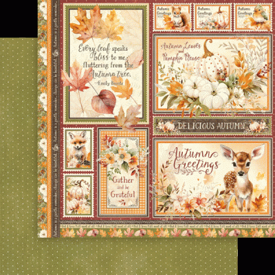 Papel de scrapbooking de outono com folhas, animais, abóboras e textos decorativos