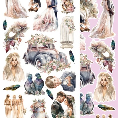 Autocolantes decorativos de casamento com noivos, vestidos, flores, pombos, carro vintage e bolo