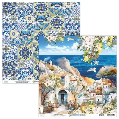Papel decorativo com padrões de azulejos e ilustração de vila costeira mediterrânica.