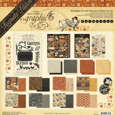 Kit de artesanato paper crafting Graphic 45 edição Keepsake com temas Farmhouse em padrões laranja, preto e bege.