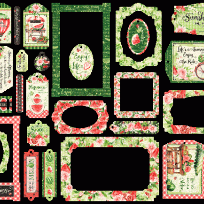 Conjunto de etiquetas e molduras florais decorativas com texto e imagens vintage