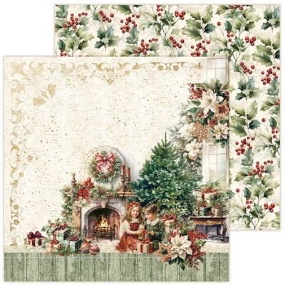 Papel decorativo de Natal com crianças junto à lareira e padrão de folhas de azevinho