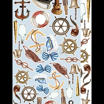 Padrão náutico com âncoras, lemes, boias, chapéus de marinheiro e acessórios marinhos