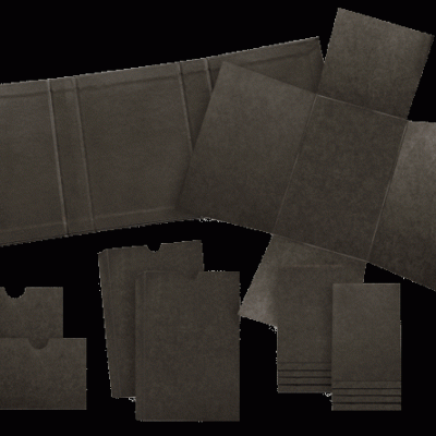 Peças planas de cartão castanho escuro com dobras e vincos para montagem de embalagens