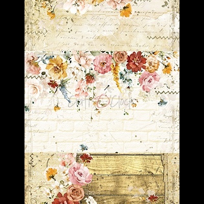 Três padrões verticais decorativos com flores coloridas e fundos envelhecidos de papel, tijolo e madeira