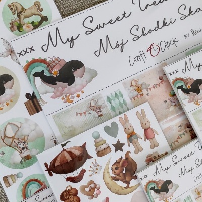 Conjuntos de papelaria decorativa com ilustrações infantis coloridas e textos em inglês e polaco