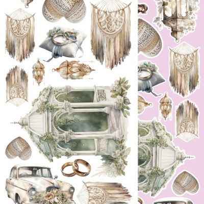 Conjunto de ilustrações românticas com temas de casamento incluindo noiva, carro vintage, alianças e decorações macramé