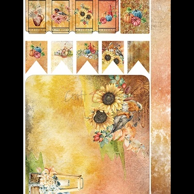 Etiquetas e cartões decorativos outonais com flores, girassóis, abóboras e aves em tons quentes