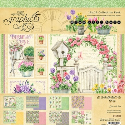 Pack de coleção Graphic 45 12x12 com padrões florais e jardim, texto 'GROW WITH LOVE' e múltiplos designs para scrapbook.