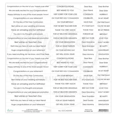 Folha com frases de felicitações em inglês para várias ocasiões, em colunas, fundo branco