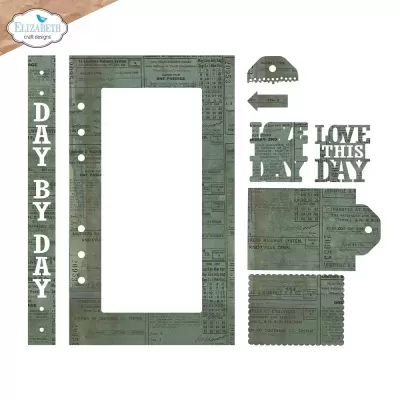 Conjunto de stencil verde com texto 'DAY BY DAY' e 'I LOVE THIS DAY' e formas geométricas variadas