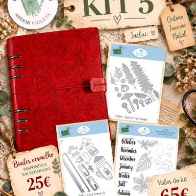 Kit 5 binder vermelho com textura floral e três conjuntos de carimbos Elizabeth Craft Designs para outono, inverno e natal