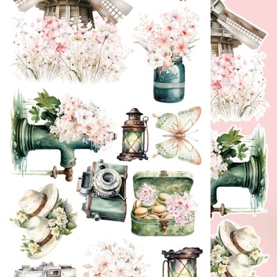 Elementos vintage e florais ilustrados com moinho, regador, flores, lanterna, borboleta, chapéus, câmaras e mala com macarrons