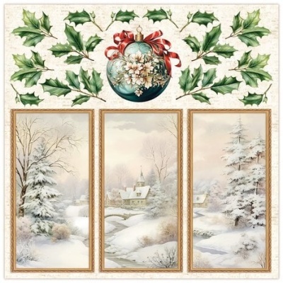 Quadro de inverno em três partes com ornamento de Natal e folhas de azevinho