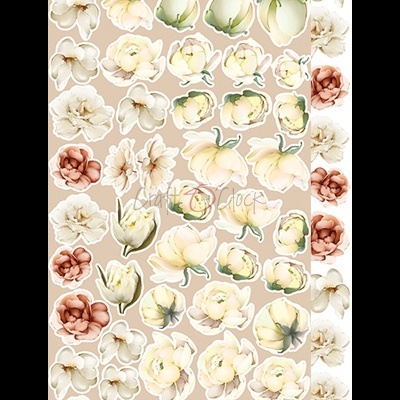 Folha de autocolantes com várias flores decorativas em tons pastel sobre fundo bege