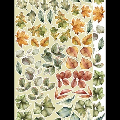 Folhas de adesivos decorativos aquarelados com padrões de folhas de outono em várias cores.