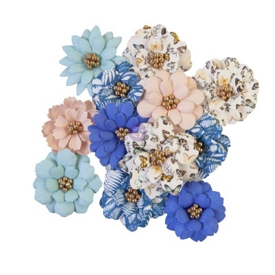 Conjunto de flores decorativas de tecido em várias cores e padrões