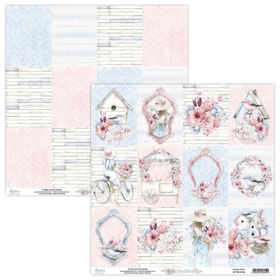 Papel decorativo para artesanato com padrões em rosa e azul com flores, bicicletas, casinhas de pássaros e molduras