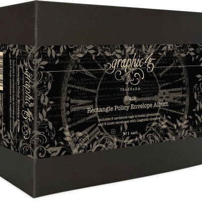 Caixa preta decorativa com padrão floral cinza e texto