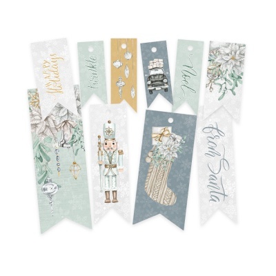 Etiquetas decorativas de Natal em papel com vários desenhos e textos em tons pastel