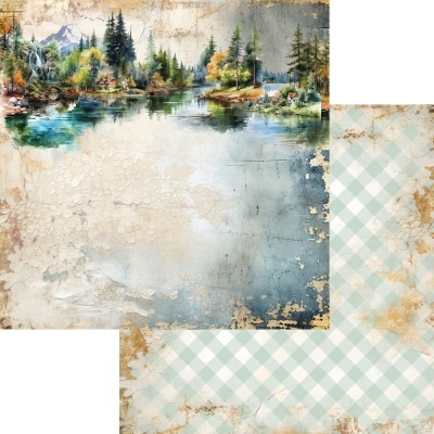 Papel de parede decorativo com paisagem natural e padrão quadriculado