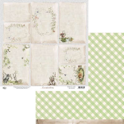 Papel de carta decorativo com desenhos florais, animais e padrão xadrez verde claro.