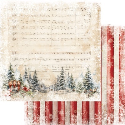 Papel decorativo de Natal com pauta musical, árvores e riscas vermelhas e brancas.