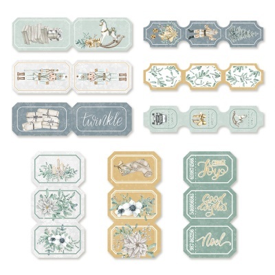 Etiquetas natalícias em papel com desenhos e textos decorativos