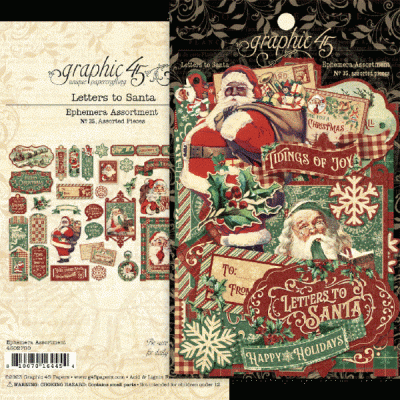Conjunto de ephemera natalício com imagens de Papai Noel e motivos festivos em cores vermelho, verde e bege.