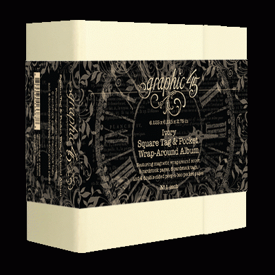 Caixa de álbum Graphic 45 decorada em preto e marfim com texto informativo