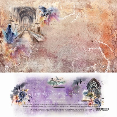 Ilustração colorida com salão gótico, flores, animais e texto decorativo sobre fundo texturizado.