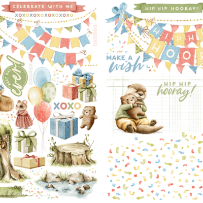 Ilustrações festivas com animais, balões, presentes, guirlandas e textos para festa infantil.