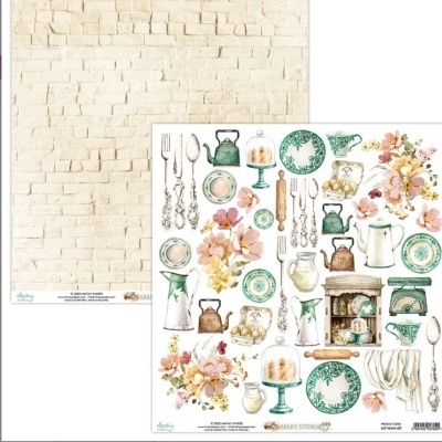Papéis decorativos para scrapbooking com padrão de tijolos e ilustrações vintage de louças e flores.
