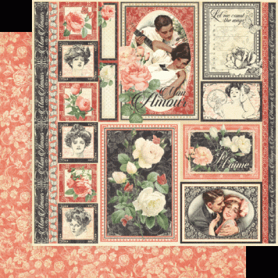 Papel decorativo vintage com flores e retratos em estilo antigo com texto em francês