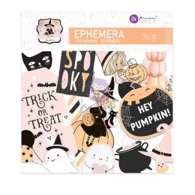 Pack de ephemera com tema de Halloween, cores preto, laranja, rosa e branco.
