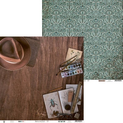 Dois padrões de papel de parede, um verde com motivos florais e outro castanho com textura de madeira, com artefactos artísticos e um chapéu castanho