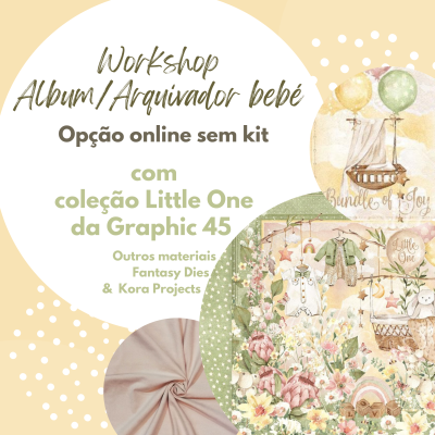 Workshop álbum/arquivador bebé com coleção Little One, fundo bege com bolinhas e ilustrações em tons pastel