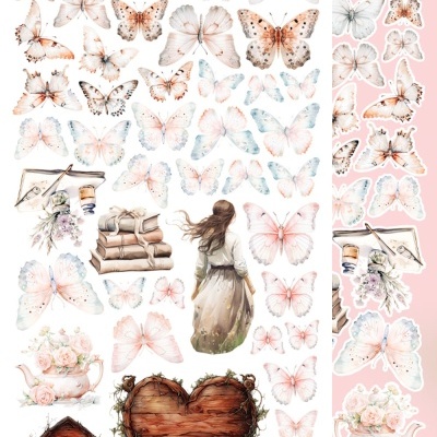 Ilustrações de borboletas, livros, flores, coração de madeira e mulher com vestido branco