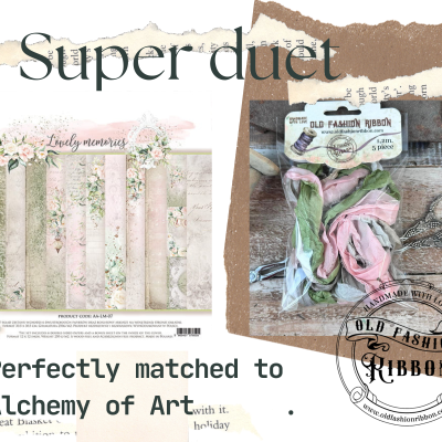 Dois produtos de artesanato, papéis florais e fitas de tecido coloridas