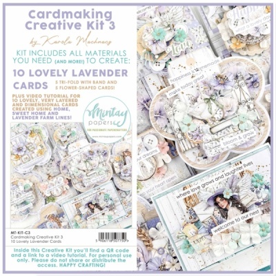 Kit Cardmaking Creative Kit 3 para criar 10 cartões lavanda com designs detalhados e materiais variados, com texto informativo e QR code.